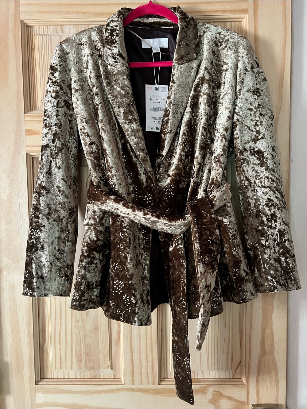 Crushed Velvet Tie-Waist Blazer in Shimmery Brown